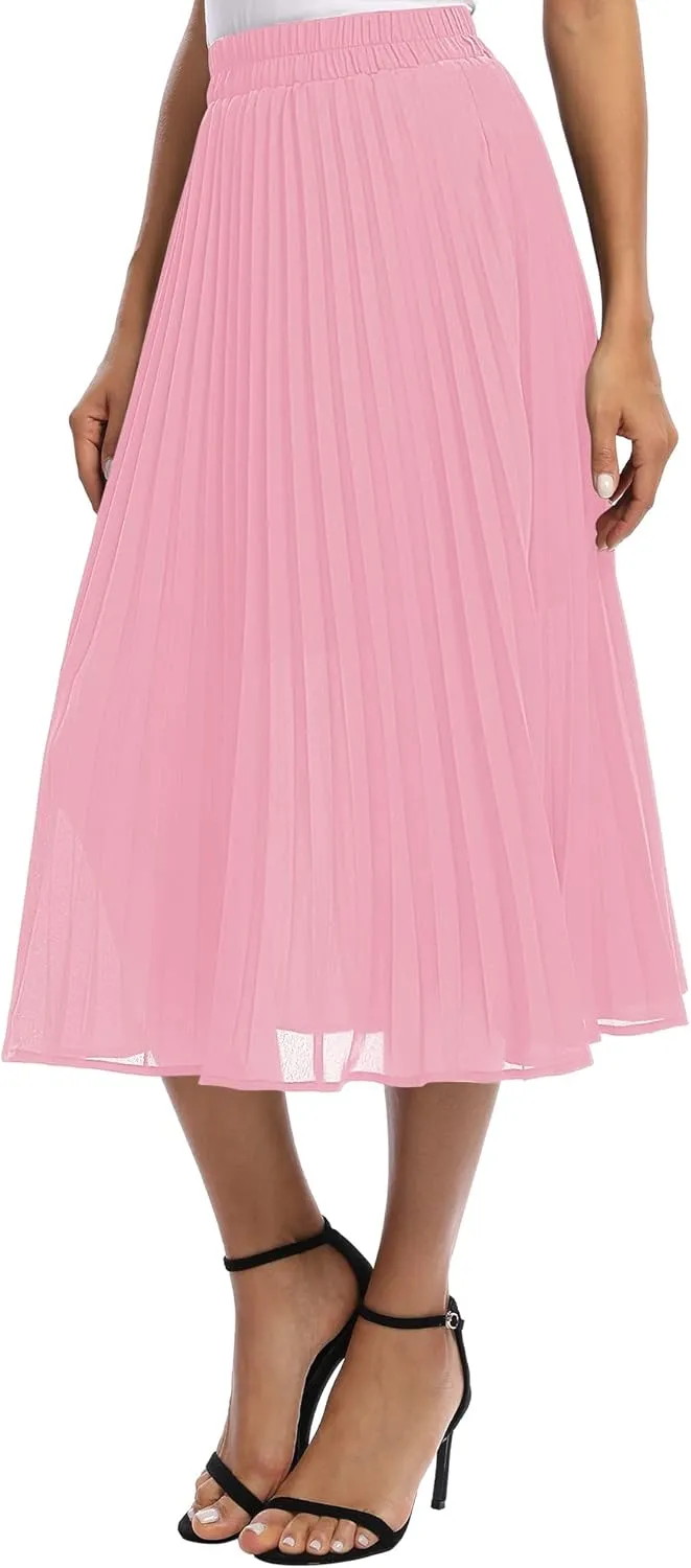 Women's Casual Chiffon Elastic Waist A-Line Pleated Midi Skirt with Pockets