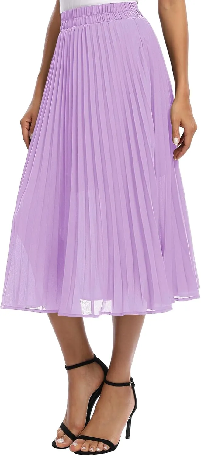 Women's Casual Chiffon Elastic Waist A-Line Pleated Midi Skirt with Pockets
