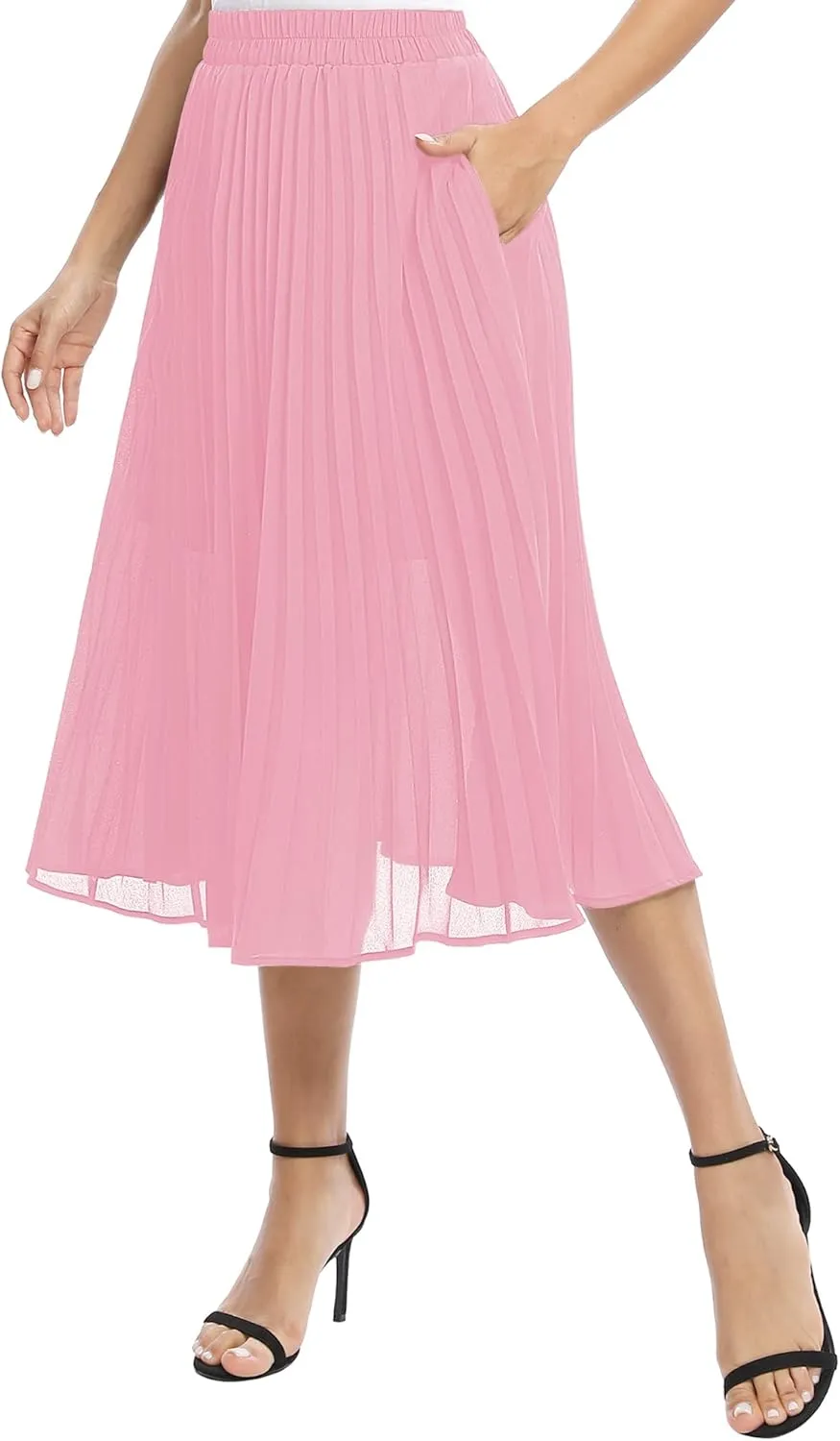 Women's Casual Chiffon Elastic Waist A-Line Pleated Midi Skirt with Pockets