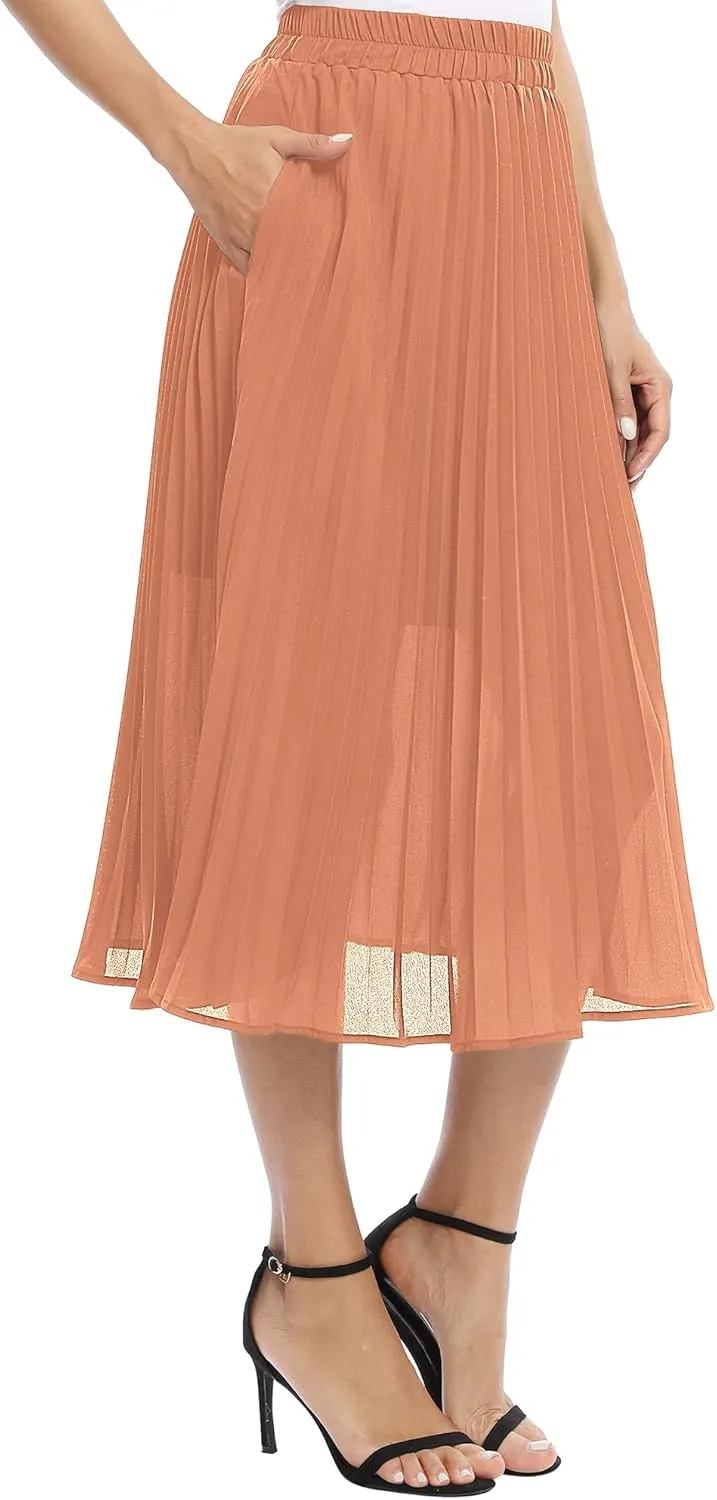 Women's Casual Chiffon Elastic Waist A-Line Pleated Midi Skirt with Pockets