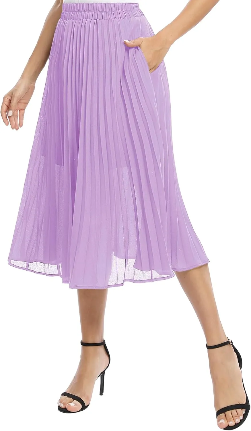Women's Casual Chiffon Elastic Waist A-Line Pleated Midi Skirt with Pockets