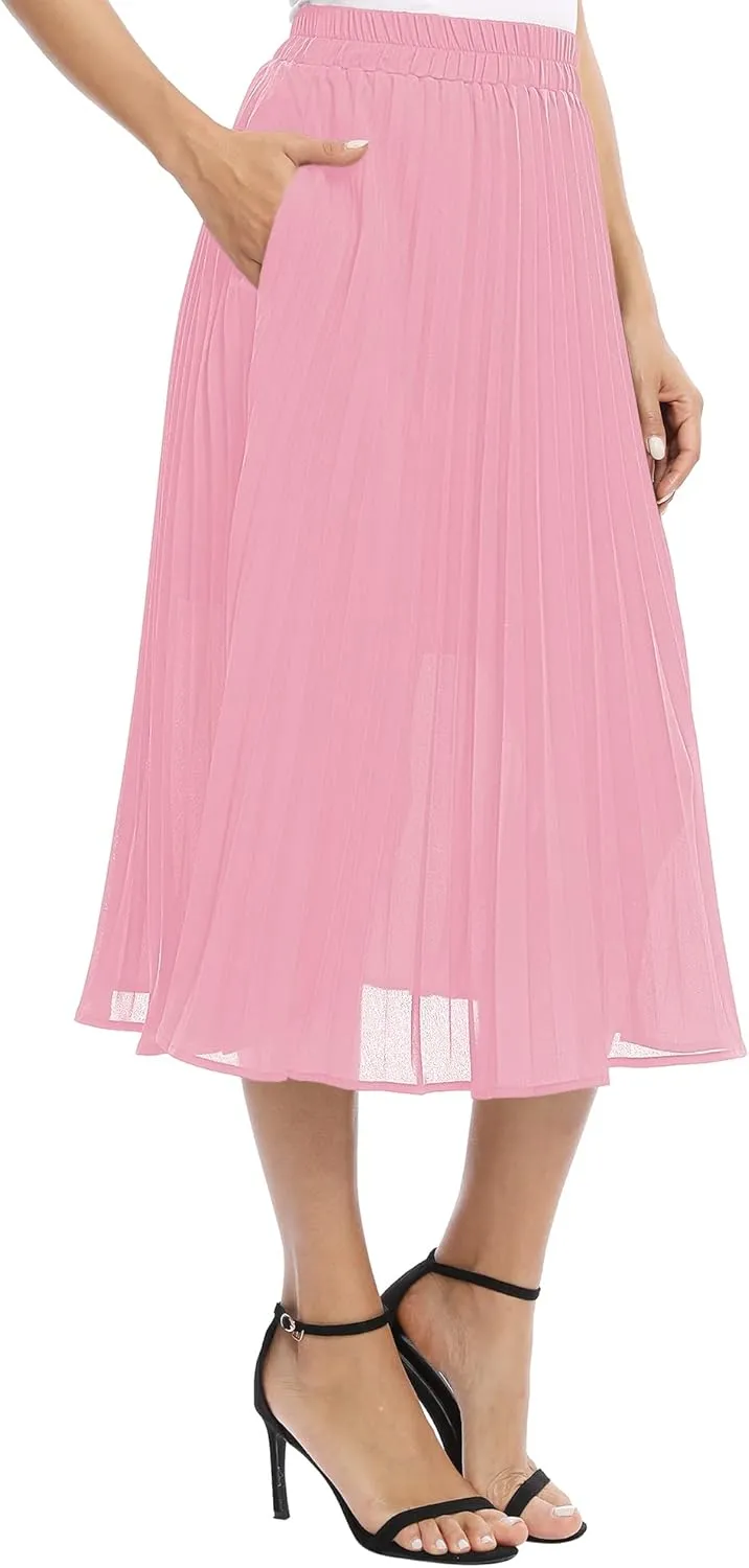 Women's Casual Chiffon Elastic Waist A-Line Pleated Midi Skirt with Pockets
