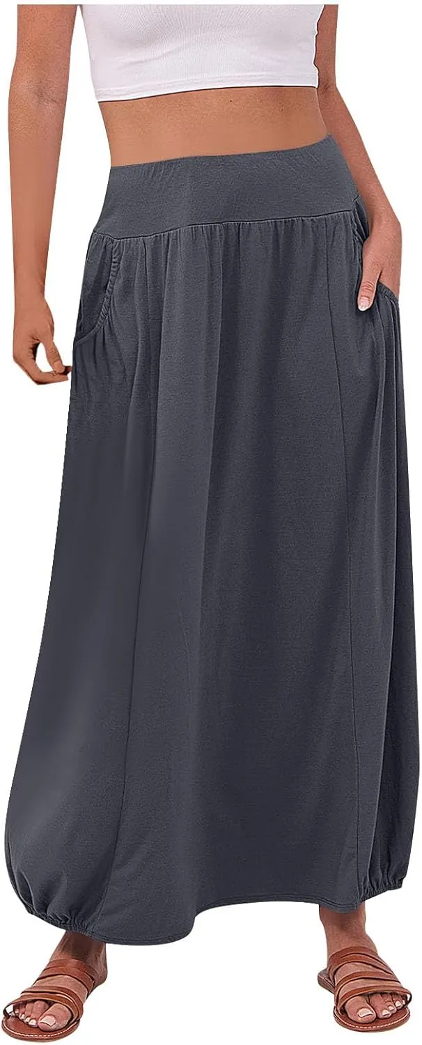 Womens Casual Maxi Skirts Trendy Elastic Waist Loose Long Skirt with Pocket Summer Solid Beach Vacation Outfits 2025