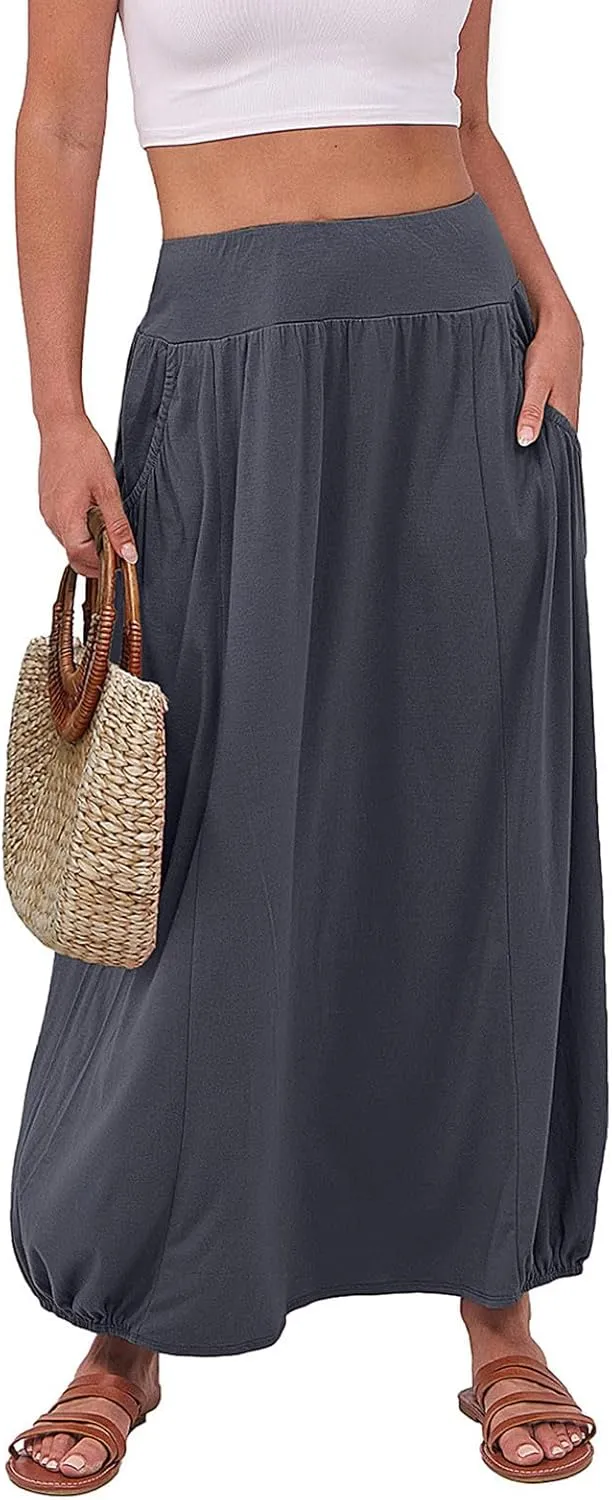 Womens Casual Maxi Skirts Trendy Elastic Waist Loose Long Skirt with Pocket Summer Solid Beach Vacation Outfits 2025
