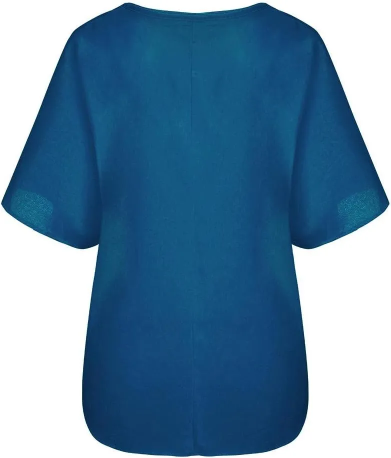 Women's Casual Plus Size Tops Summer Cotton and linen Blouse Solid Color Round Neck Short Sleeves T-Shirt
