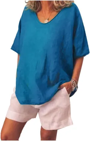 Women's Casual Plus Size Tops Summer Cotton and linen Blouse Solid Color Round Neck Short Sleeves T-Shirt