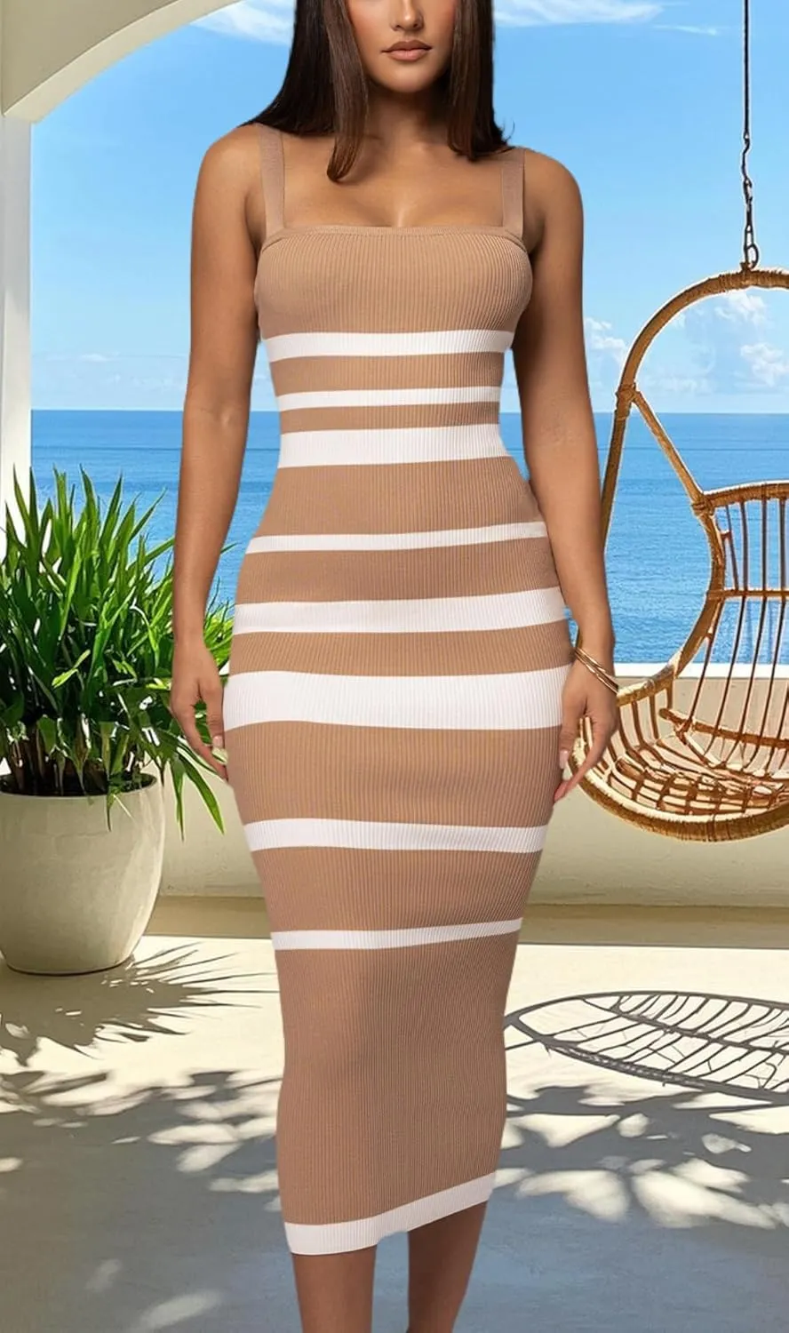 Women's Casual Spring Summer Striped Midi Dress Ribbed Knit Sleeveless Bodycon Sweater Dresses