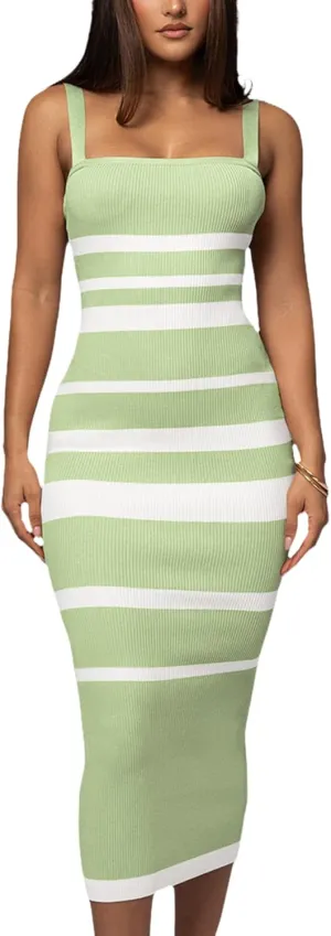 Women's Casual Spring Summer Striped Midi Dress Ribbed Knit Sleeveless Bodycon Sweater Dresses