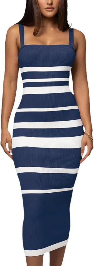 Women's Casual Spring Summer Striped Midi Dress Ribbed Knit Sleeveless Bodycon Sweater Dresses
