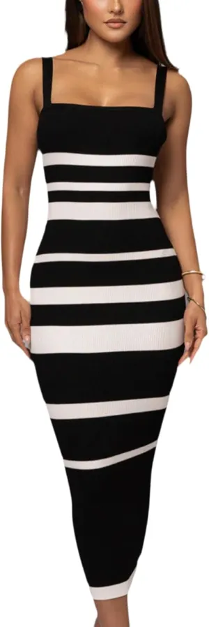 Women's Casual Spring Summer Striped Midi Dress Ribbed Knit Sleeveless Bodycon Sweater Dresses