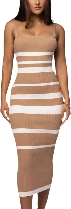 Women's Casual Spring Summer Striped Midi Dress Ribbed Knit Sleeveless Bodycon Sweater Dresses