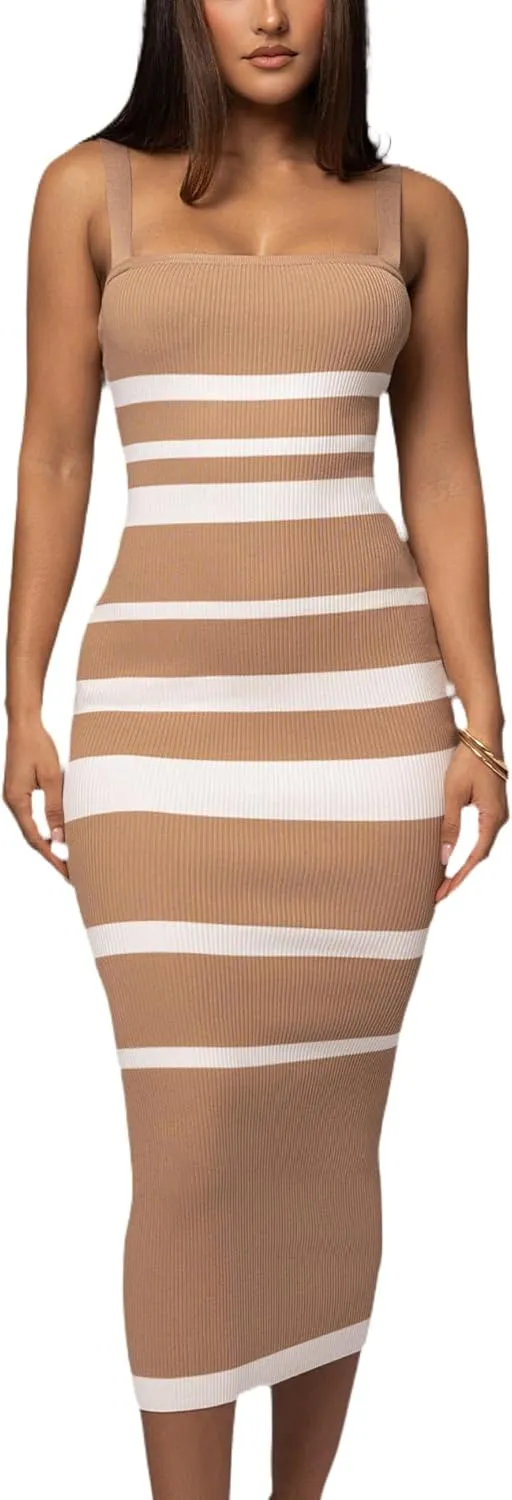 Women's Casual Spring Summer Striped Midi Dress Ribbed Knit Sleeveless Bodycon Sweater Dresses
