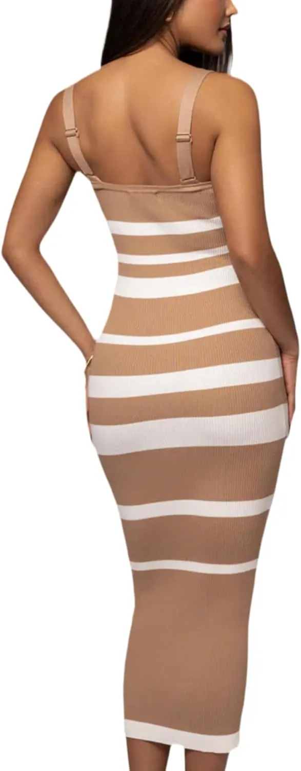 Women's Casual Spring Summer Striped Midi Dress Ribbed Knit Sleeveless Bodycon Sweater Dresses