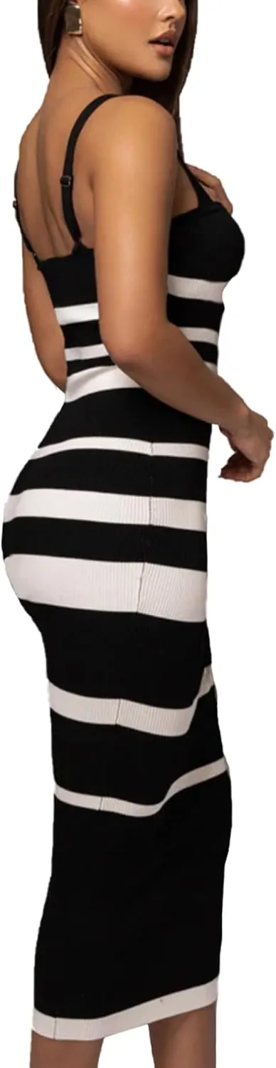 Women's Casual Spring Summer Striped Midi Dress Ribbed Knit Sleeveless Bodycon Sweater Dresses