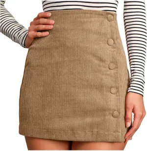 Womens Corduroy High Waist Button Front Skirts A Line Slim Solid Single Breasted Zipper Skirts for Fall Winter Spring