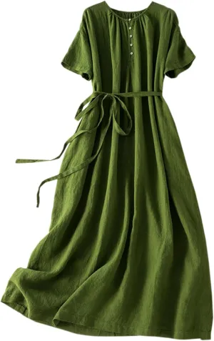 Womens Cotton Linen Dresses Summer Dressy Casual Short Sleeve Maxi Dresses Trendy Summer Vacation A Line Dress
