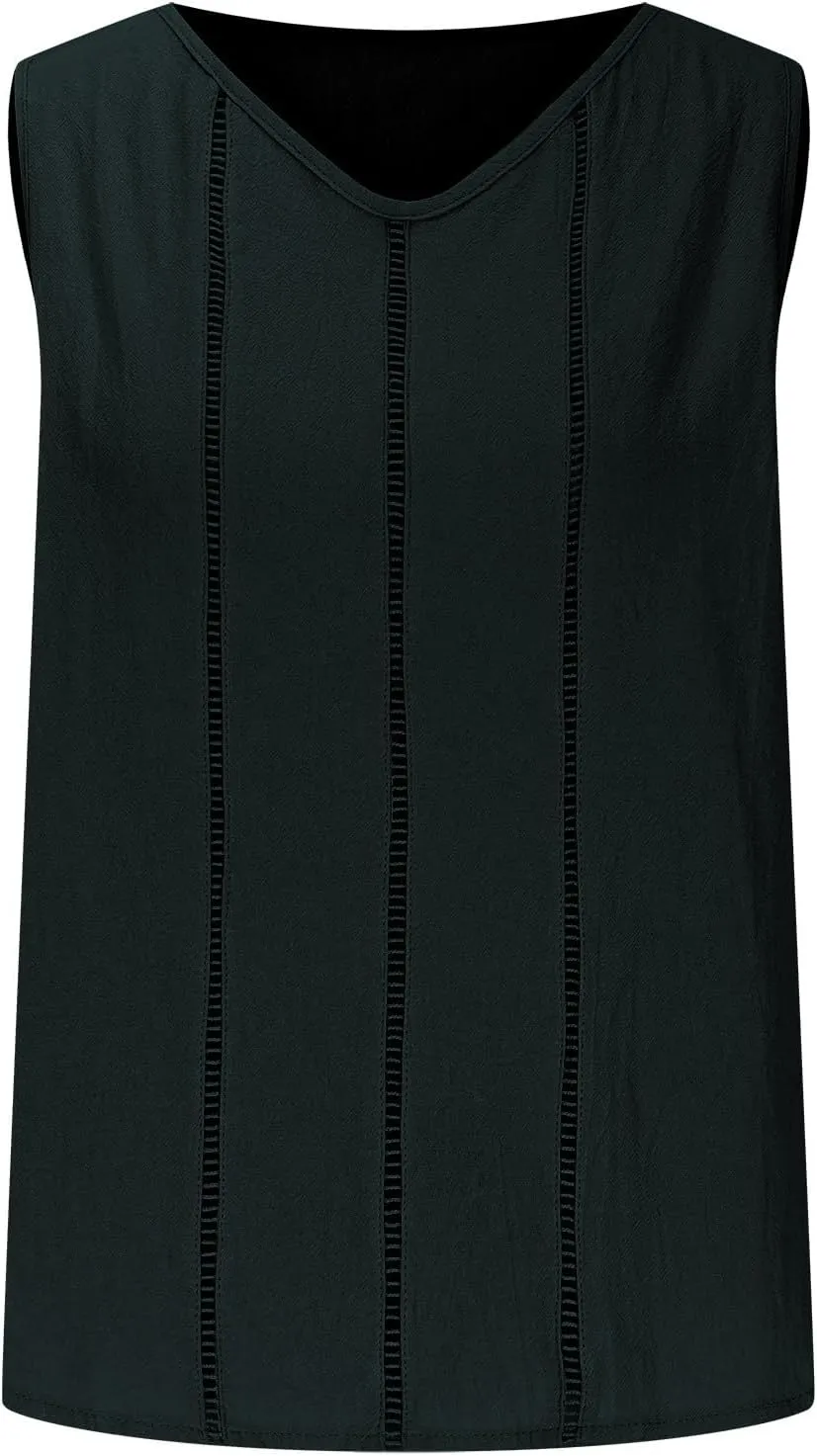 Women's Cotton Linen Tank Tops Hollow Out V Neck Sleeveless Solid Color Shirts Blouses Summer Casual Loose Tops