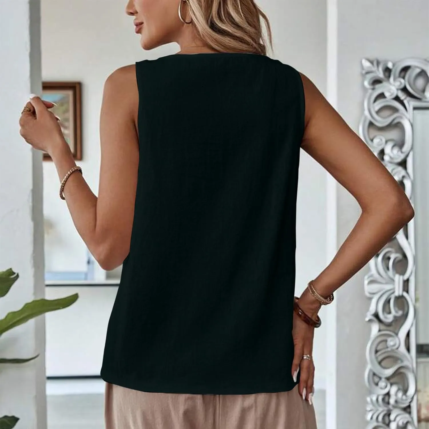 Women's Cotton Linen Tank Tops Hollow Out V Neck Sleeveless Solid Color Shirts Blouses Summer Casual Loose Tops