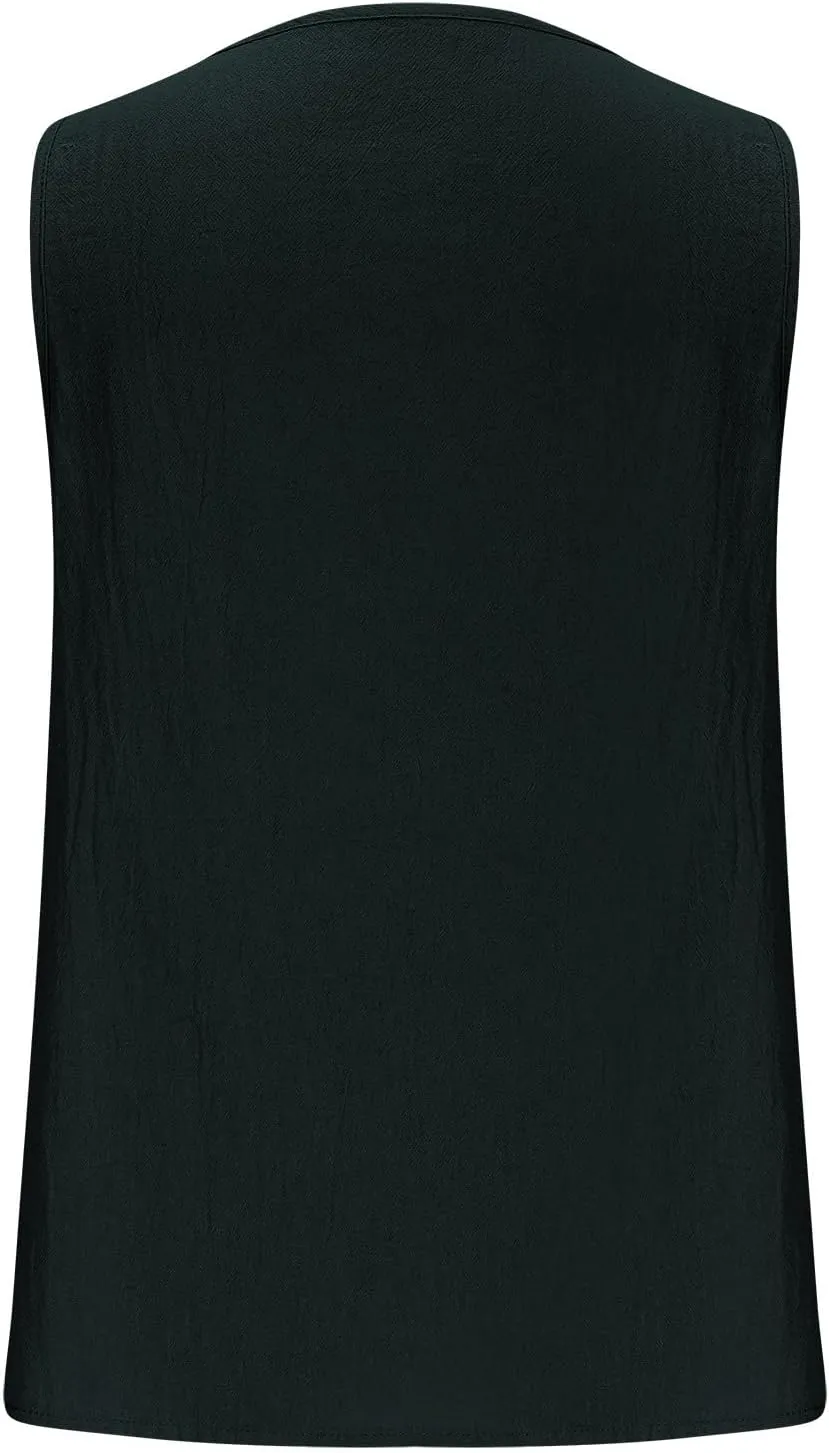 Women's Cotton Linen Tank Tops Hollow Out V Neck Sleeveless Solid Color Shirts Blouses Summer Casual Loose Tops