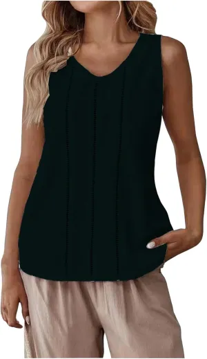 Women's Cotton Linen Tank Tops Hollow Out V Neck Sleeveless Solid Color Shirts Blouses Summer Casual Loose Tops
