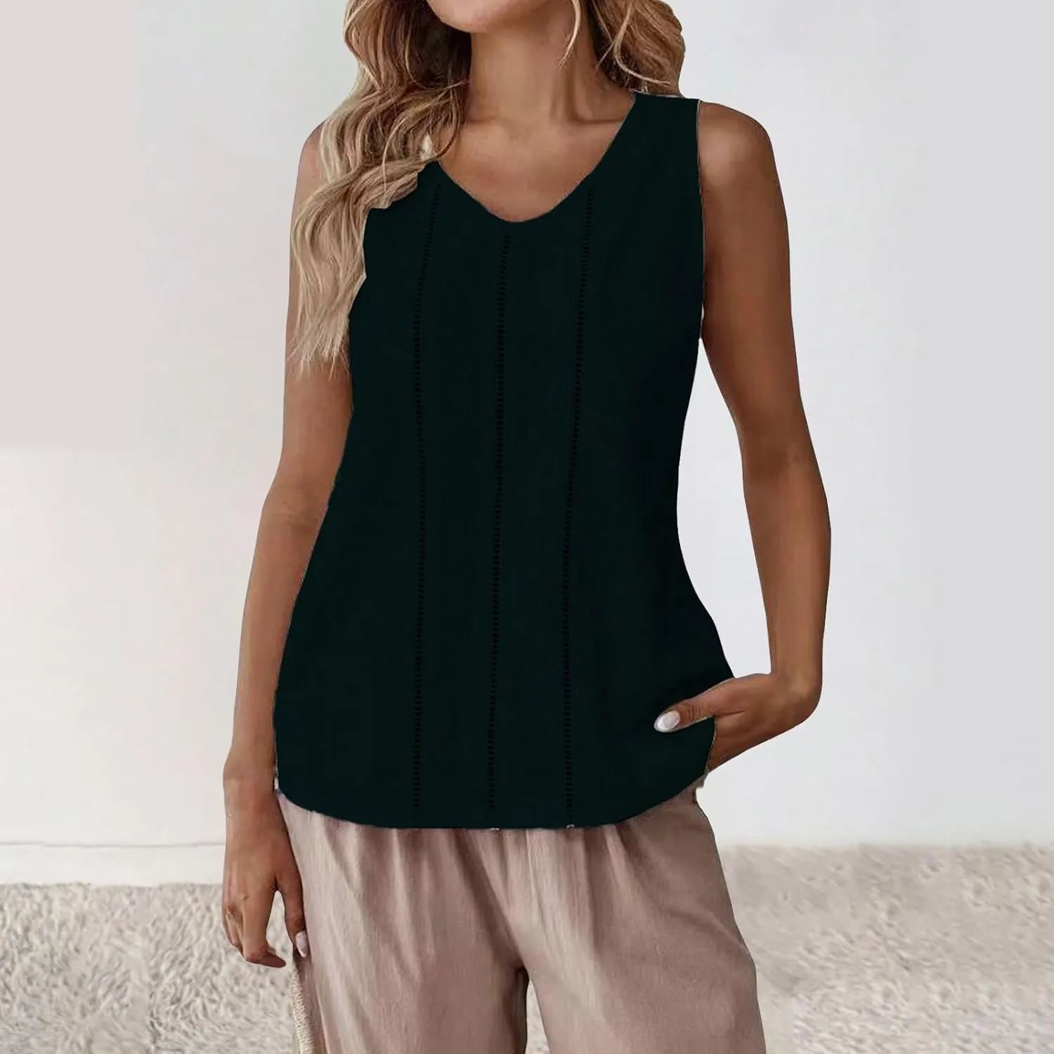 Women's Cotton Linen Tank Tops Hollow Out V Neck Sleeveless Solid Color Shirts Blouses Summer Casual Loose Tops