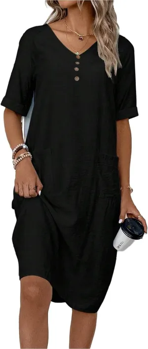 Womens Cotton Shirt Dress Summer Casual Short Sleeve V-Neck Dress Beach Cover Up Shirts Vacation Dresses with Pockets