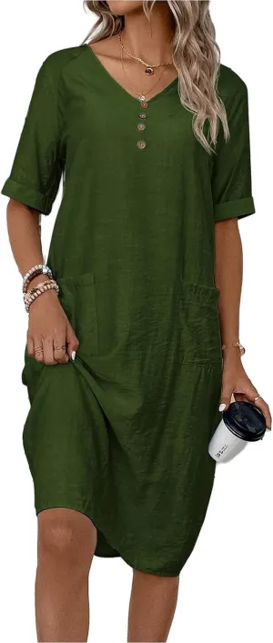 Womens Cotton Shirt Dress Summer Casual Short Sleeve V-Neck Dress Beach Cover Up Shirts Vacation Dresses with Pockets