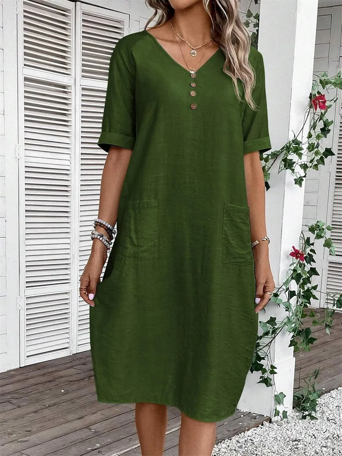 Womens Cotton Shirt Dress Summer Casual Short Sleeve V-Neck Dress Beach Cover Up Shirts Vacation Dresses with Pockets