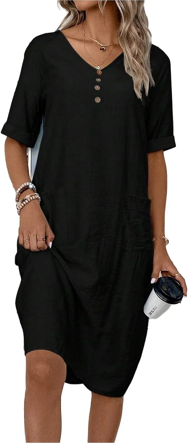 Womens Cotton Shirt Dress Summer Casual Short Sleeve V-Neck Dress Beach Cover Up Shirts Vacation Dresses with Pockets