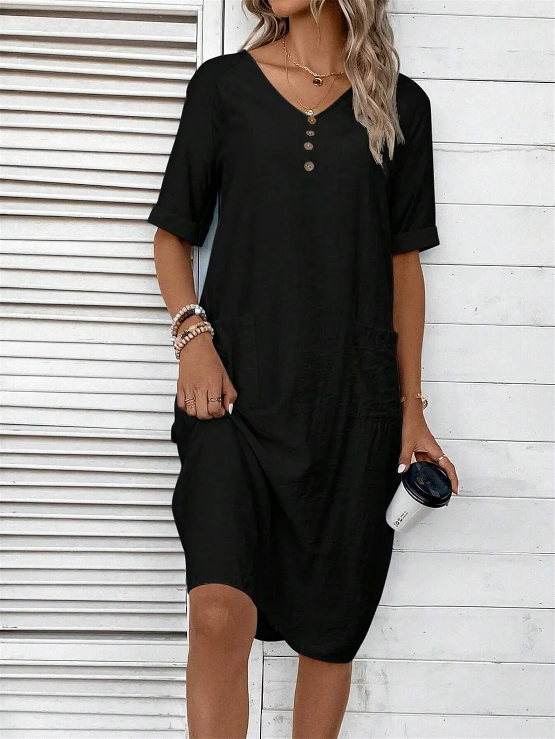 Womens Cotton Shirt Dress Summer Casual Short Sleeve V-Neck Dress Beach Cover Up Shirts Vacation Dresses with Pockets