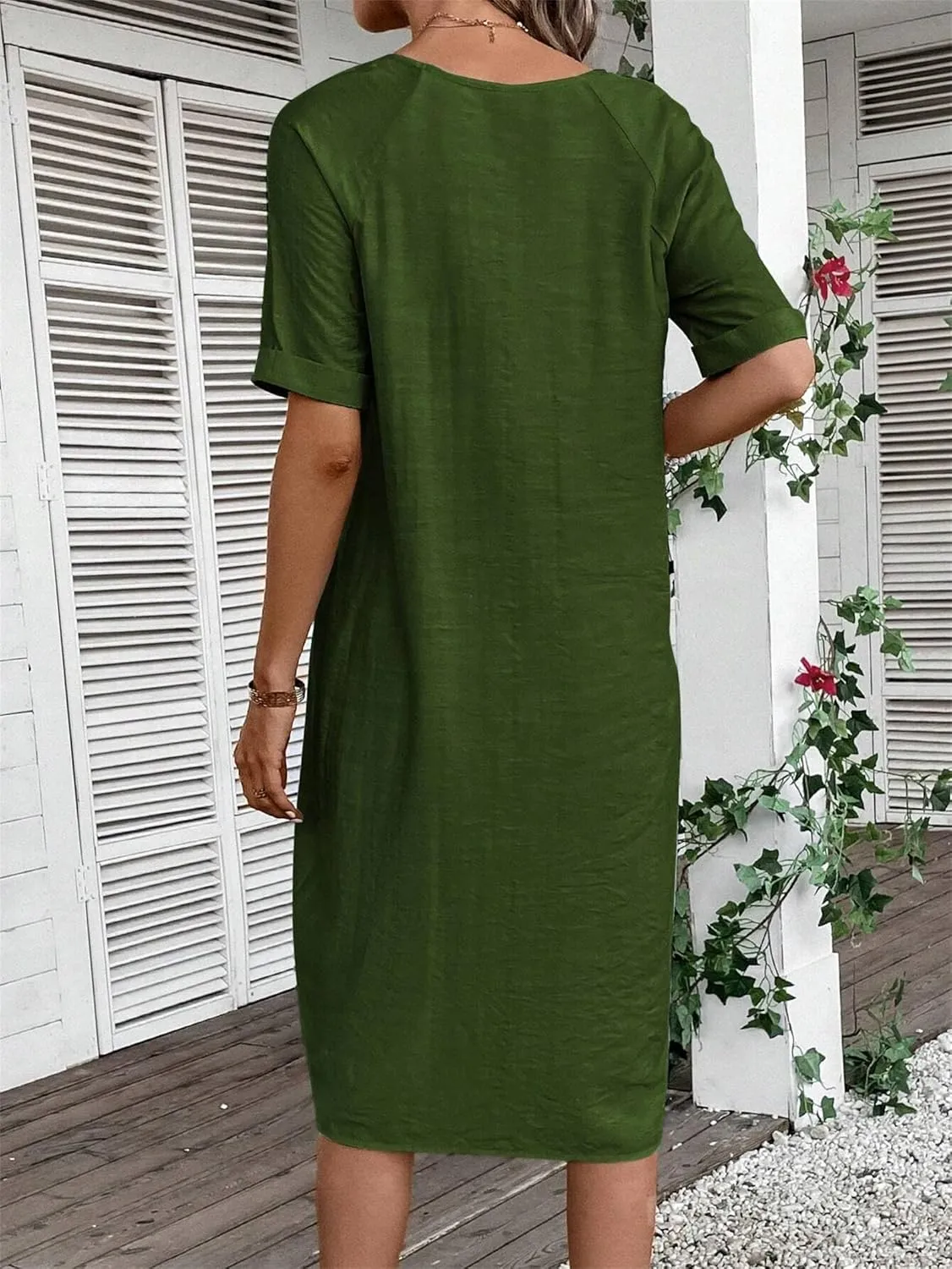 Womens Cotton Shirt Dress Summer Casual Short Sleeve V-Neck Dress Beach Cover Up Shirts Vacation Dresses with Pockets
