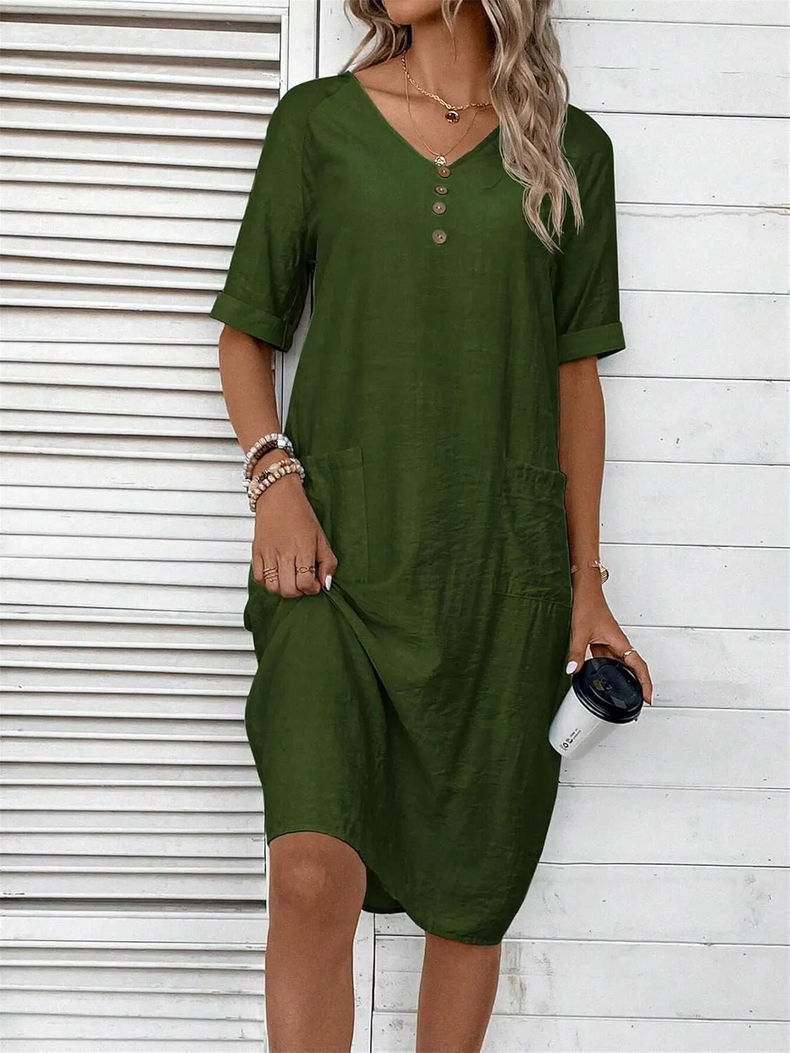 Womens Cotton Shirt Dress Summer Casual Short Sleeve V-Neck Dress Beach Cover Up Shirts Vacation Dresses with Pockets