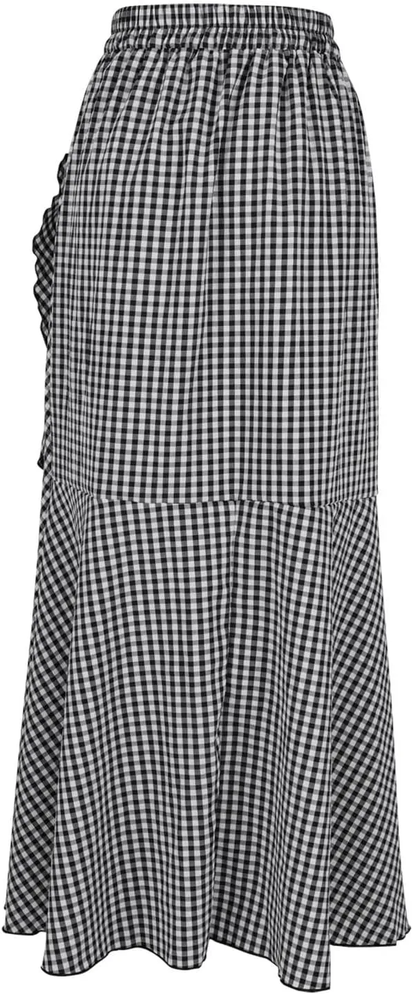 Women's Dressy Plaid Mermaid Maxi Skirt Bowtie High Waist A Line Skirts Flowy Wrap Ruffle Hem Fishtail Long Skirt