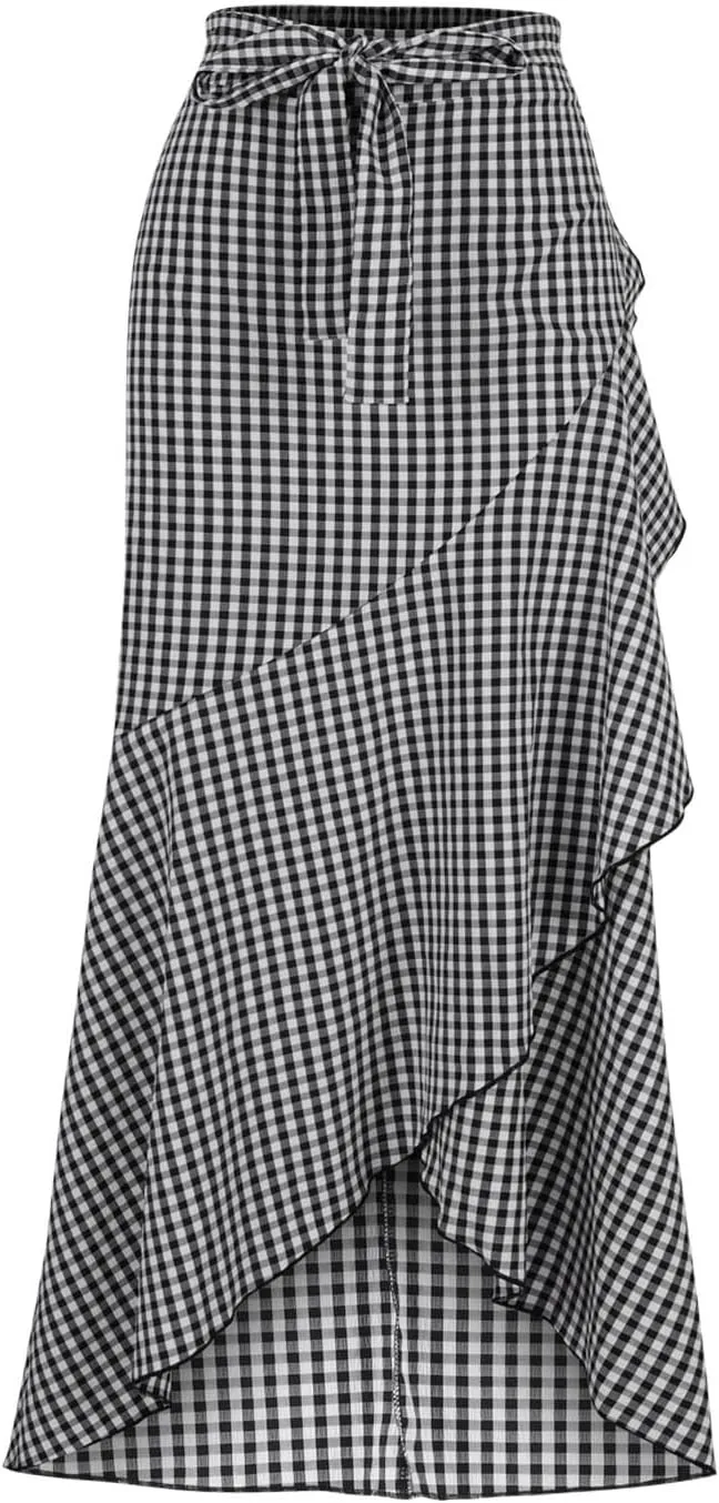 Women's Dressy Plaid Mermaid Maxi Skirt Bowtie High Waist A Line Skirts Flowy Wrap Ruffle Hem Fishtail Long Skirt