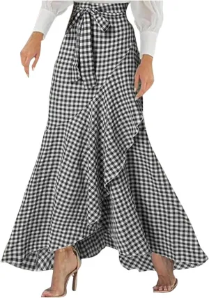 Women's Dressy Plaid Mermaid Maxi Skirt Bowtie High Waist A Line Skirts Flowy Wrap Ruffle Hem Fishtail Long Skirt