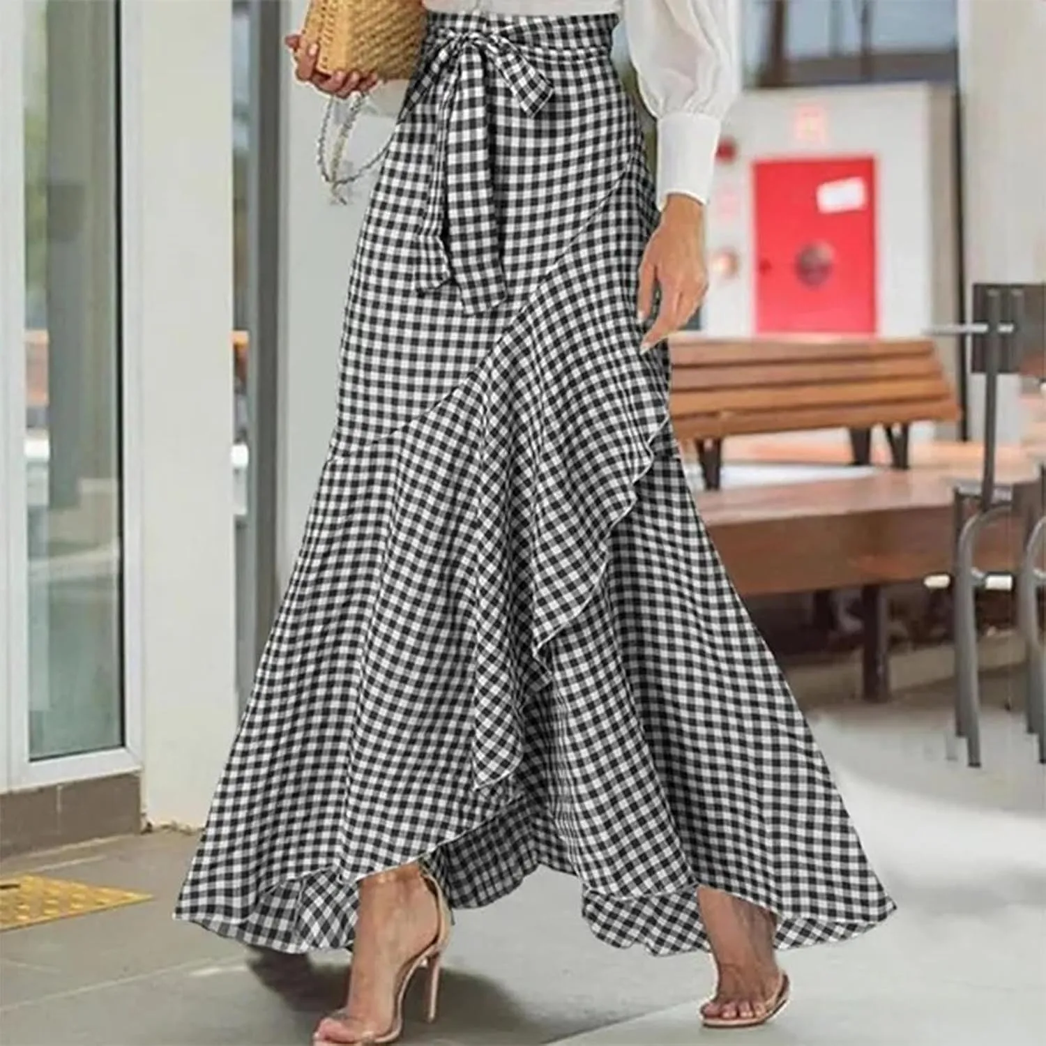 Women's Dressy Plaid Mermaid Maxi Skirt Bowtie High Waist A Line Skirts Flowy Wrap Ruffle Hem Fishtail Long Skirt