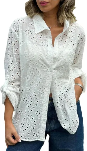 Women's Eyelet Lace Blouse – Long Sleeve Button Down Cotton Shirt, Casual Boho Hollow Out Top