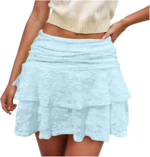 Womens Floral Lace Mini Skirts Y2k Low Waist Pleated Ruffled Hem Half Slip Skirt Flowy Layered Short Skirt Underskirt
