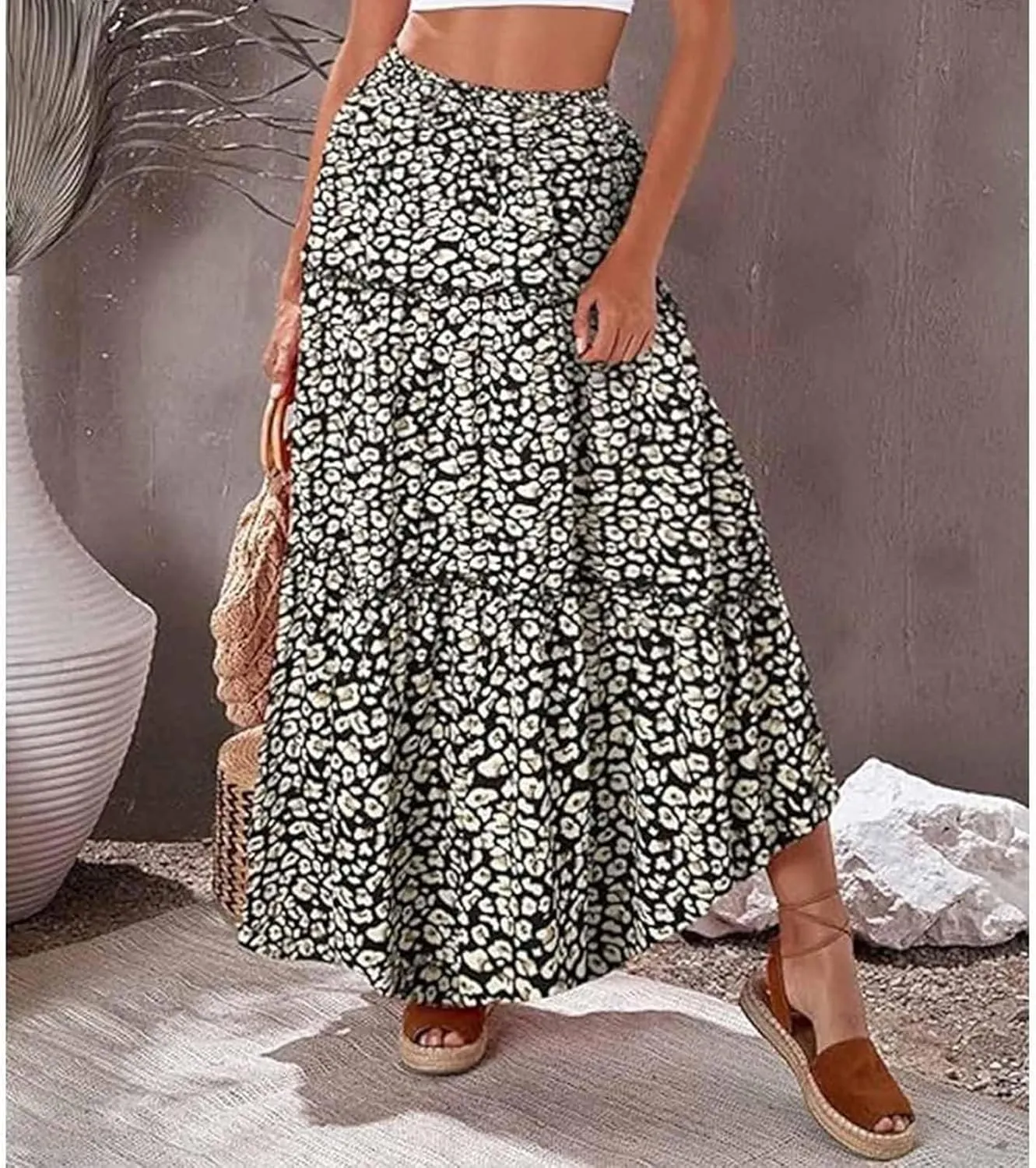 Womens Floral Print Boho Maxi Skirt Casual High Waist Tie Paisley Print Long Maxi Skirt Summer Beach Flowy Skirts