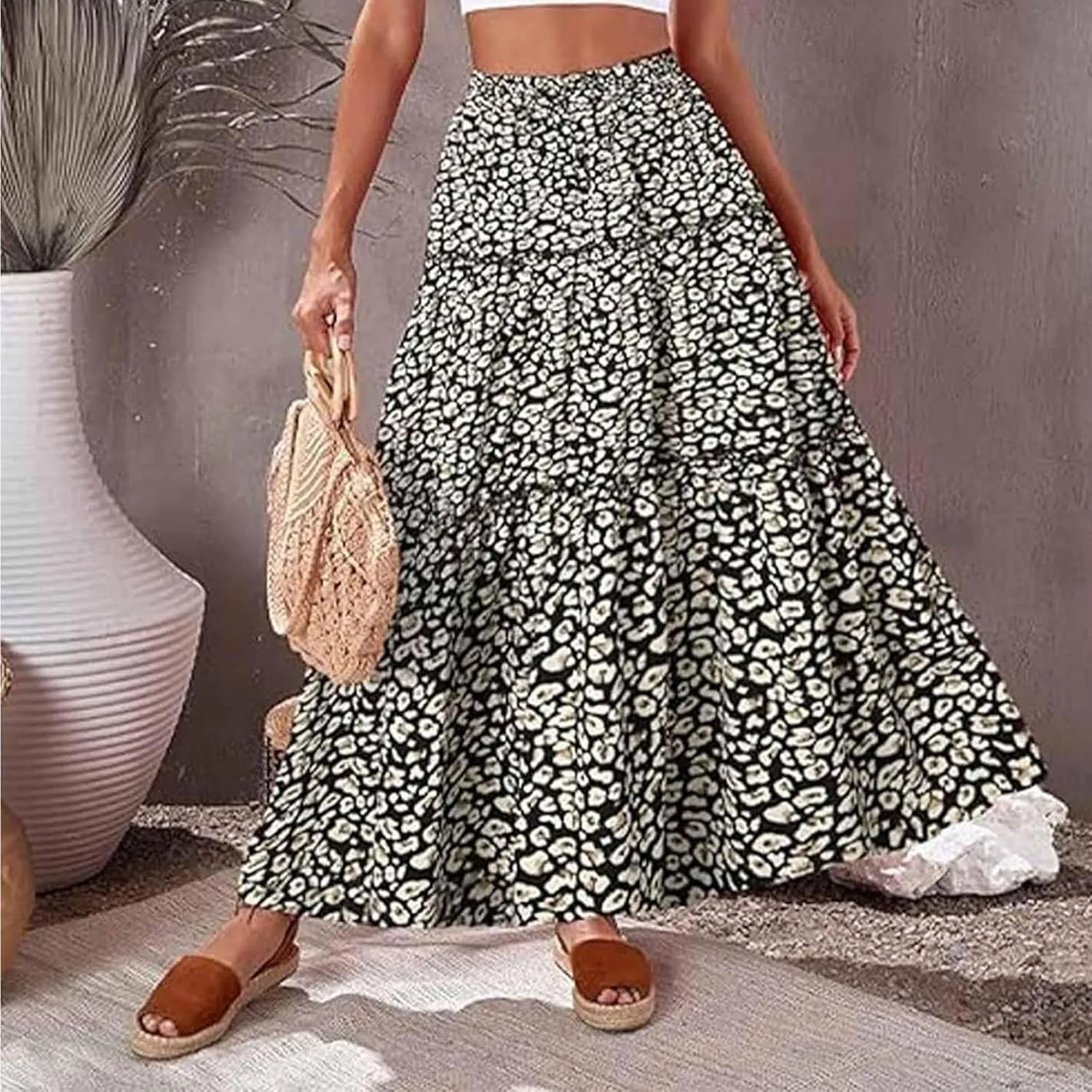 Womens Floral Print Boho Maxi Skirt Casual High Waist Tie Paisley Print Long Maxi Skirt Summer Beach Flowy Skirts