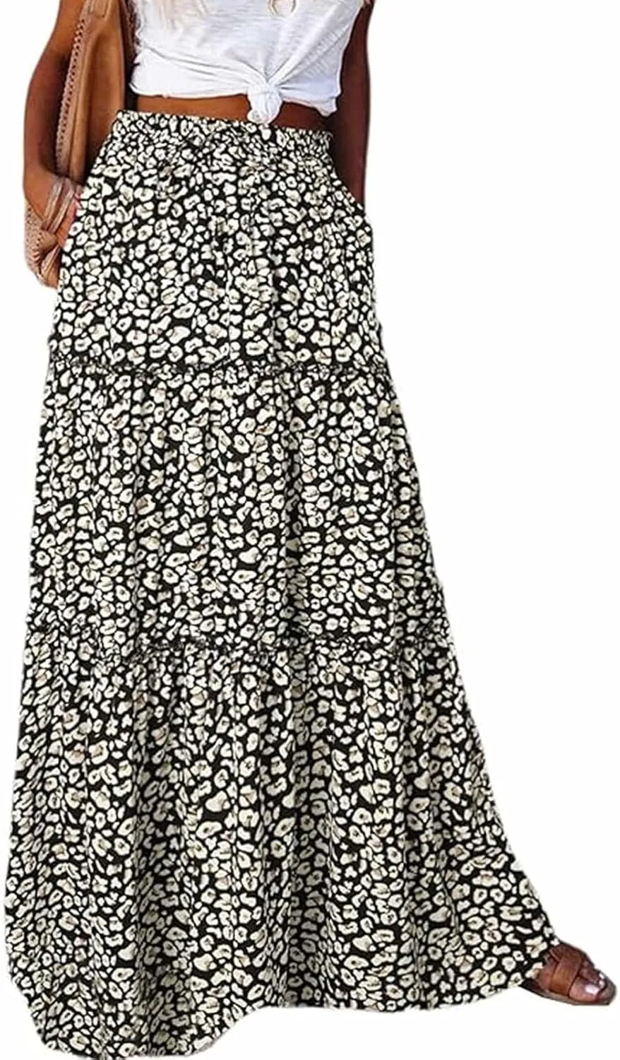 Womens Floral Print Boho Maxi Skirt Casual High Waist Tie Paisley Print Long Maxi Skirt Summer Beach Flowy Skirts