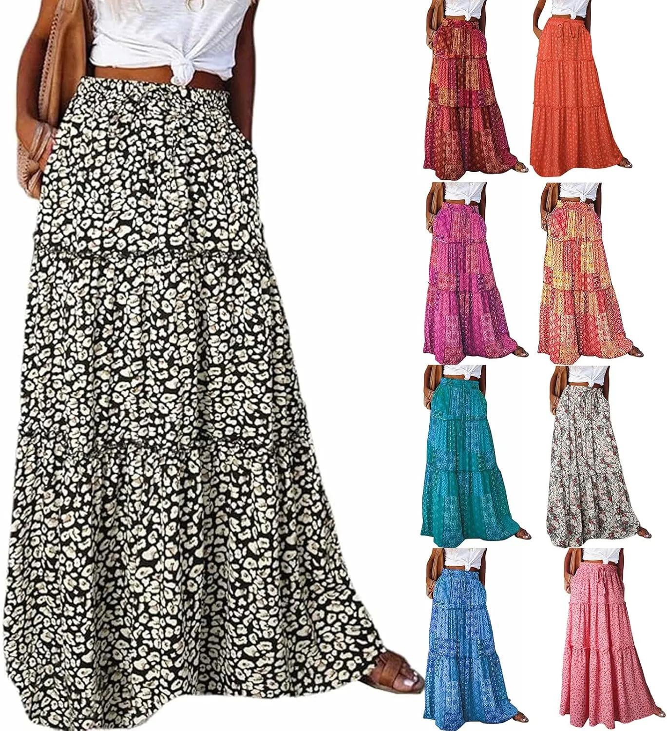 Womens Floral Print Boho Maxi Skirt Casual High Waist Tie Paisley Print Long Maxi Skirt Summer Beach Flowy Skirts