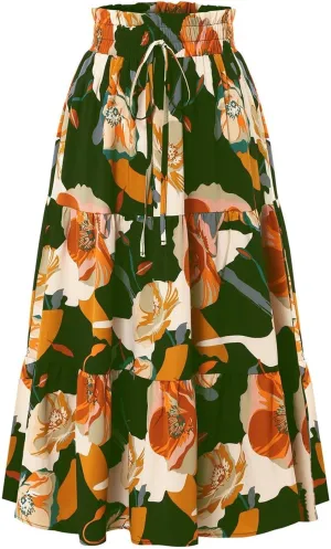 Womens Floral Print Elastic Waist Ruffle Midi Tiered Skirt High Waist Pleated A-Line Flared Maxi Skirts Summer Boho Skirts