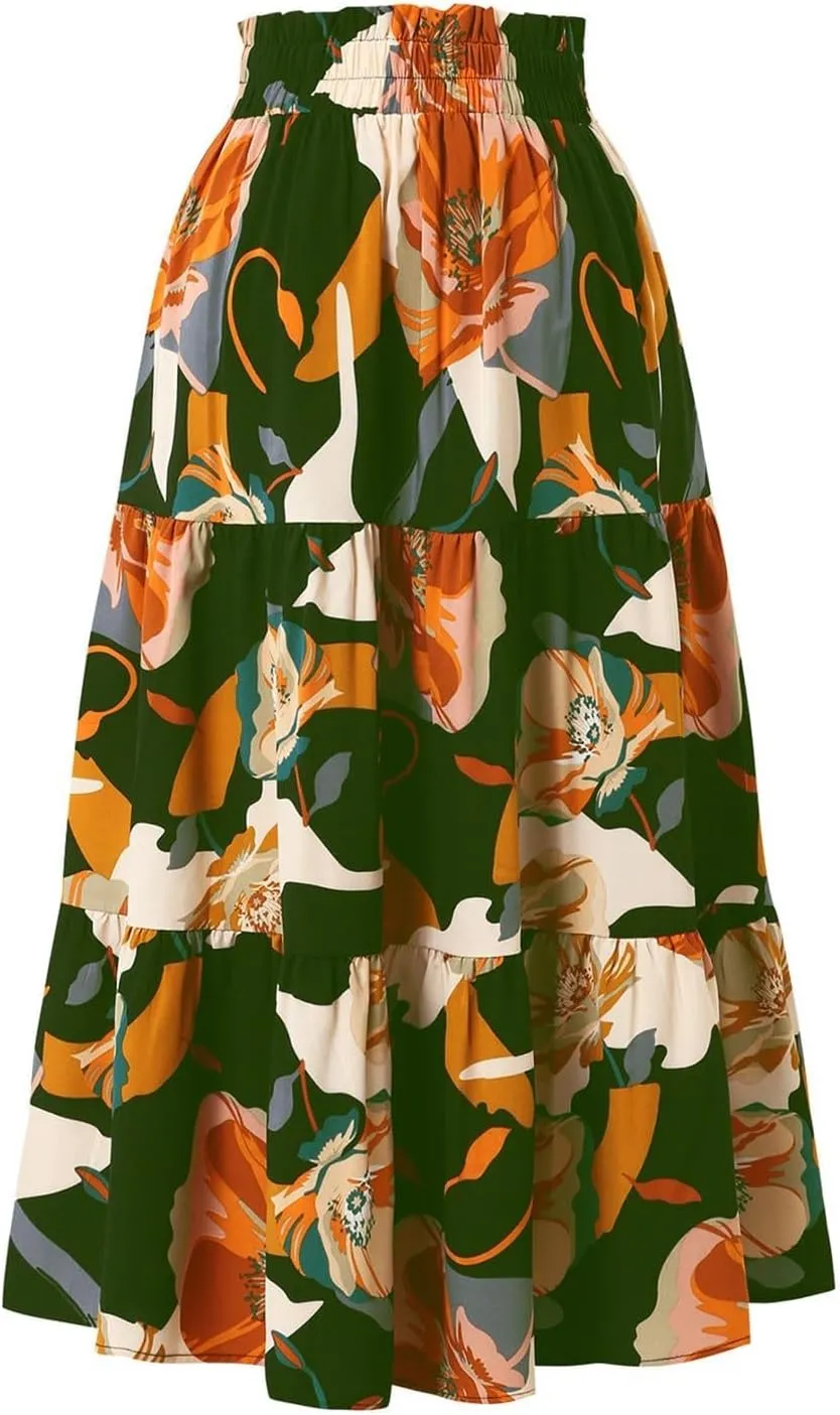 Womens Floral Print Elastic Waist Ruffle Midi Tiered Skirt High Waist Pleated A-Line Flared Maxi Skirts Summer Boho Skirts
