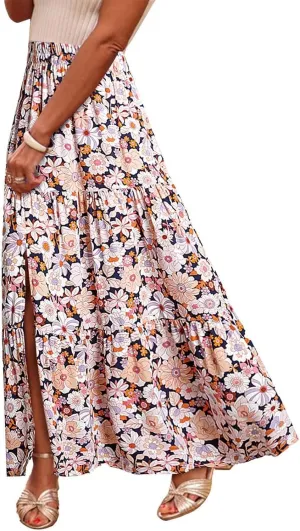 Womens Floral Print Maxi Skirts Fashion Tiered Split Skirt Summer Boho Beach Flowy Swing Bottom Vacation Clothes 2025