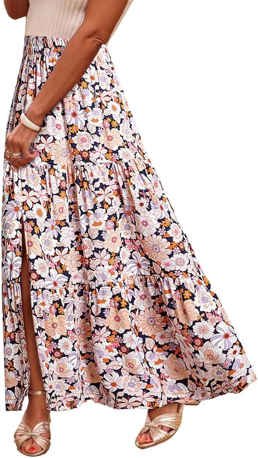 Womens Floral Print Maxi Skirts Fashion Tiered Split Skirt Summer Boho Beach Flowy Swing Bottom Vacation Clothes 2025
