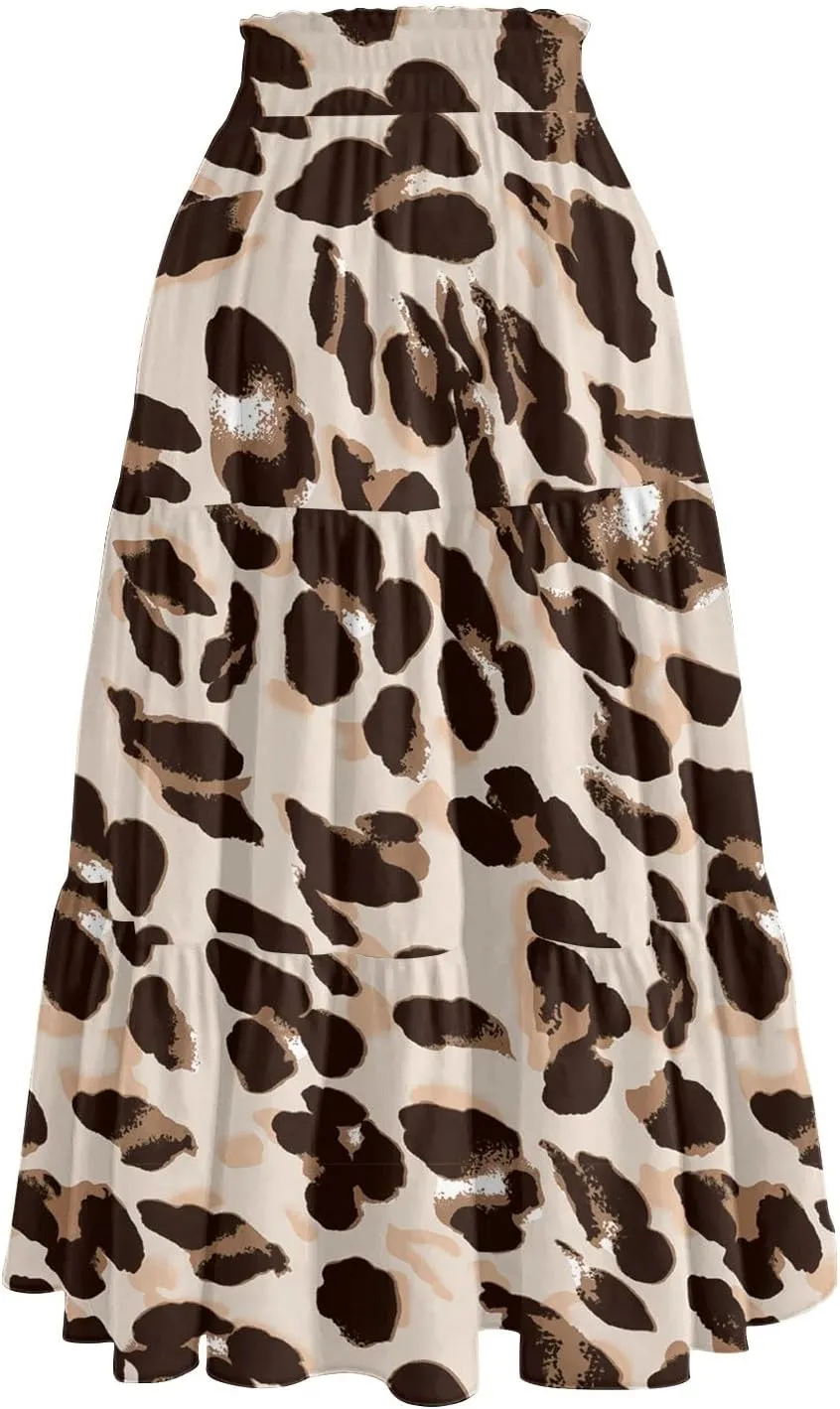 Womens Floral Printed Boho Midi Skirt Elastic High Waisted Pleated Flowy Summer Swing A-Line Skirts with Pockets