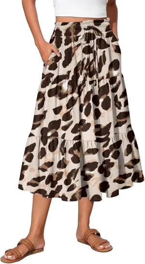 Womens Floral Printed Boho Midi Skirt Elastic High Waisted Pleated Flowy Summer Swing A-Line Skirts with Pockets