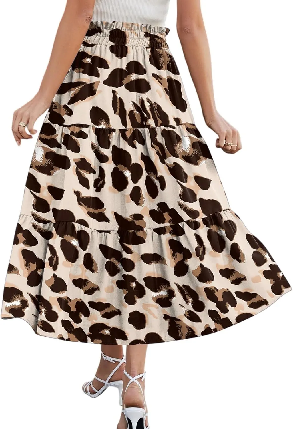 Womens Floral Printed Boho Midi Skirt Elastic High Waisted Pleated Flowy Summer Swing A-Line Skirts with Pockets