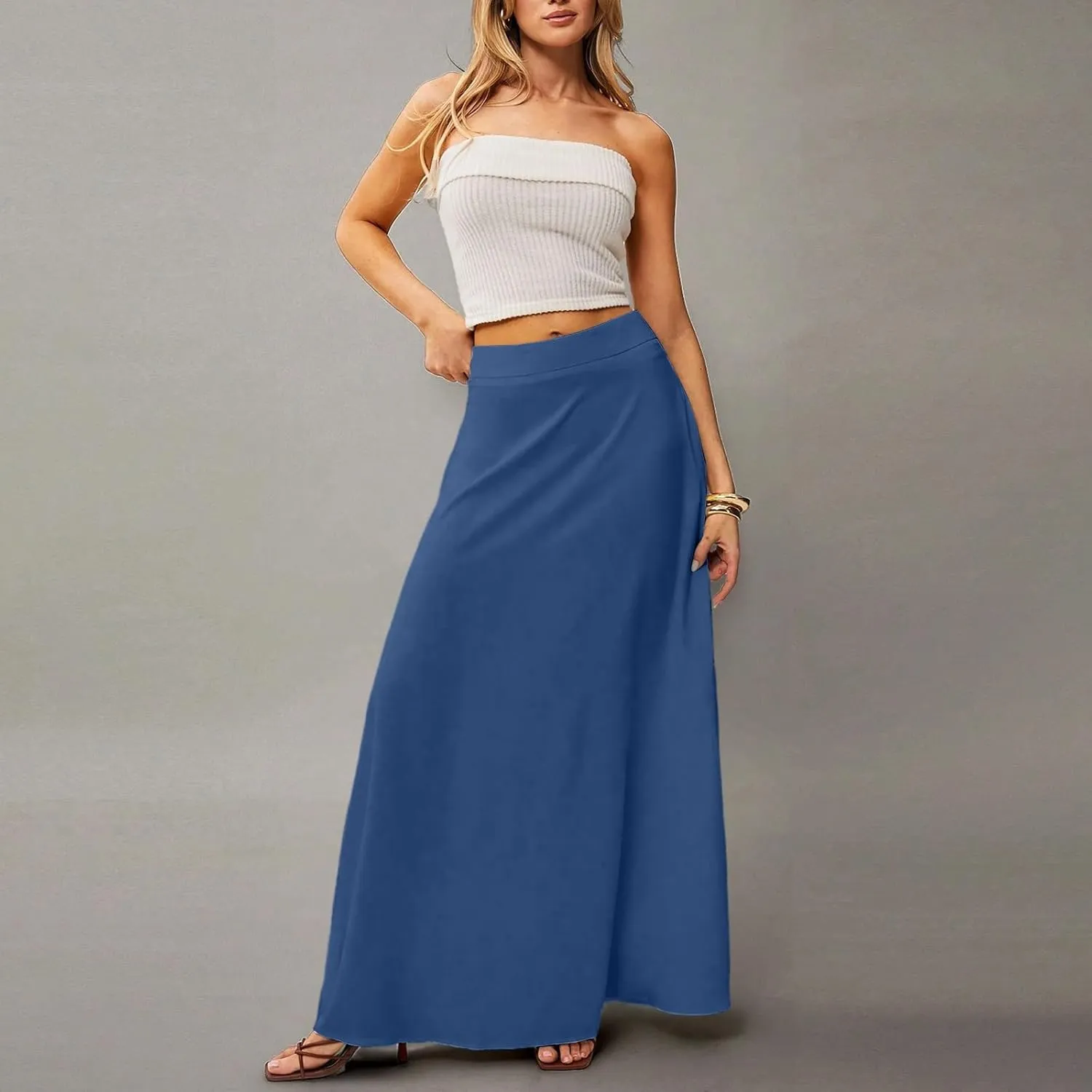 Womens Flowy A Line Skirt Boho Elastic High Waisted Long Maxi Skirts for Women Trendy Summer Basicwith Pockets